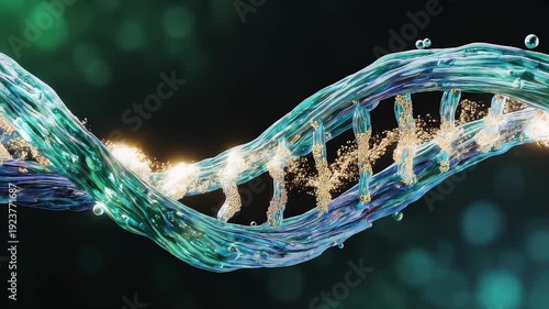 Macro close-up of iridescent synthetic DNA strand forming in seamless loop