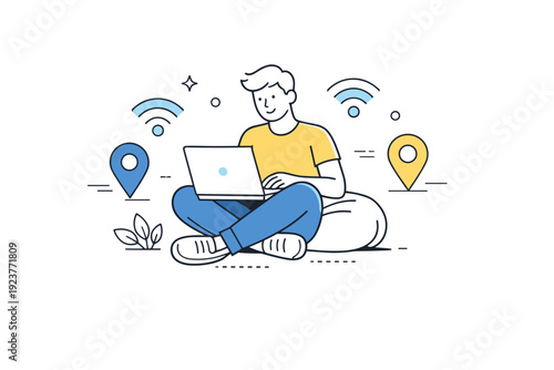 Remote work freedom and flexibility. A character sitting comfortably with a laptop, surrounded by abstract location pins and Wi-Fi symbols.