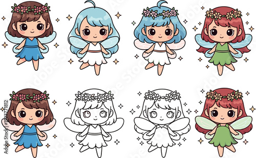cute chibi fairy characters set with colorful dresses wings and flower crowns kawaii cartoon fantasy illustrations isolated vector for kids games stickers