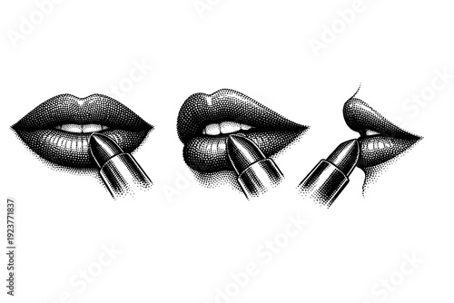 Makeup tutorial diagram lipstick application chart shown as a single object from three different angles: front view, slight angled view, and