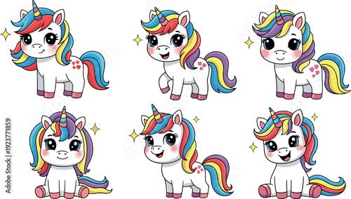 Cute kawaii unicorn characters set with rainbow mane and tail, adorable cartoon fantasy ponies isolated vector illustration for kids stickers games and nursery design
