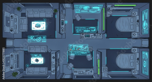 Futuristic interior design with glowing screens and advanced technology elements.