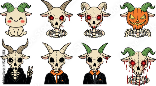 Cute spooky cartoon goat skull characters set with halloween costumes bloody details and pumpkin head, kawaii horror fantasy illustrations isolated vector for stickers games