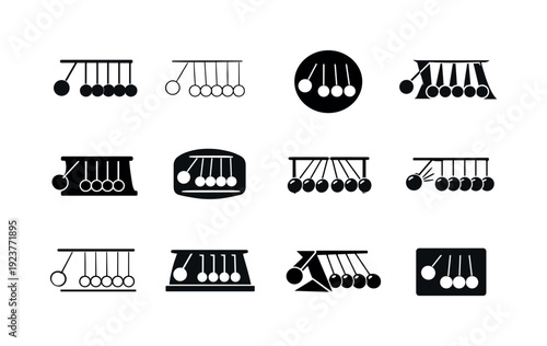 Physics. Icon set. Set Logo of Physics: Newton pendulum. harmonious logo variations of the same emblematic concept, each with different