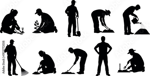 Gardening worker silhouettes set showing planting digging raking watering and landscaping activities, black gardener figures isolated on white background for agriculture and outdoor design use