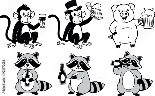 Funny cartoon animals drinking beer set featuring monkey pig and raccoon characters, playful party illustrations in black and white style isolated vector for humor design