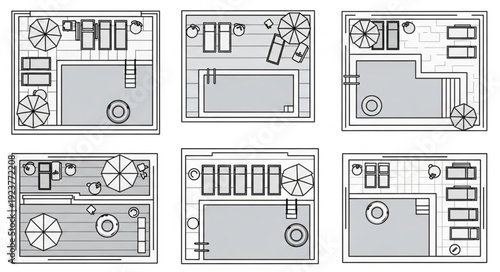Detailed architectural blueprints showcasing various outdoor landscape designs with pools and gardens.