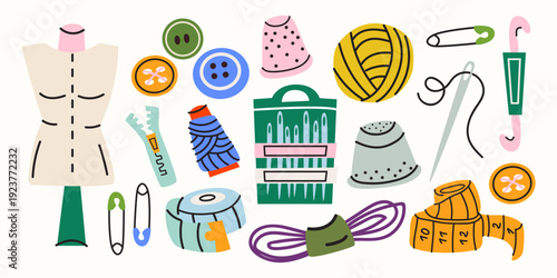 Needlework and sewing tools collection in cartoon groovy style. Thread spools, buttons, thimbles and measuring tape. Vector illustration of handicraft hobby supplies and tailor equipment isolated
