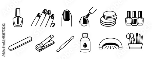 Minimal Nail Care and Manicure Pedicure Line Art Icon Set in Black and White