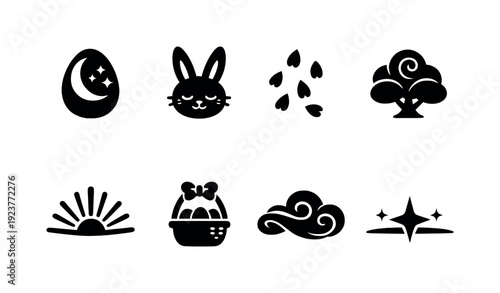 Dreamlike spring Easter. Filled icon set of Dreamlike spring Easter: egg moon, soft bunny