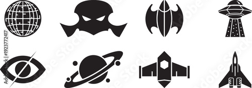 Set of Sci-Fi, Space, and Mystery Black Silhouette Vector Icons Including UFO, Spaceship, Fighter Jet, Planet, Globe, Alien Mask, and Hidden Eye.
