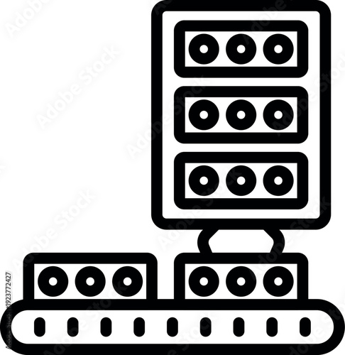 Mining server distributing cryptocurrency to conveyor belt, blockchain technology concept