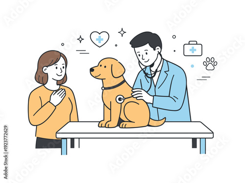 Dog health check. A veterinarian calmly examining a dog on a table while the owner stands nearby, feeling reassured. The illustration shows