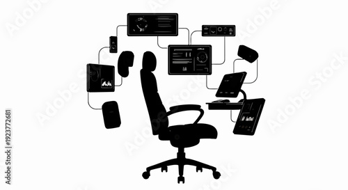 Futuristic ergonomic workstation with integrated digital displays and devices surrounding a central chair.