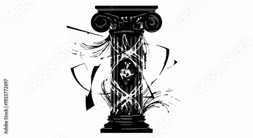 Abstract artistic representation of a damaged classical column with grunge elements.