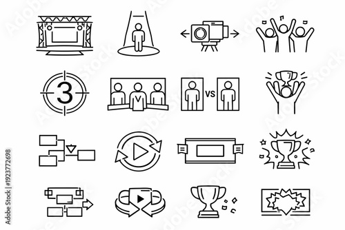 Tournament Broadcast Scenes. Line icon set of Tournament Broadcast Scenes: stage with lights, player spotlight, camera pan icon, crowd cheer, countdown screen,