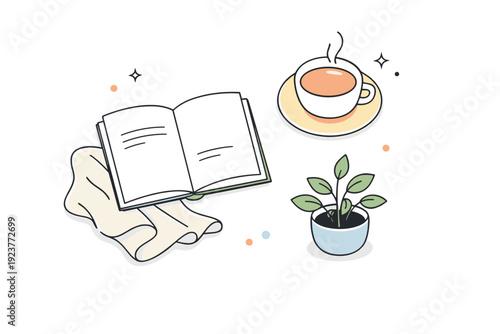 Slow living flatlay composition. Carefully placed objects such as a book, tea cup, linen fabric, and small plant viewed from above. Quiet presence, balance,