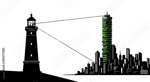 Lighthouse beam illuminates a futuristic green skyscraper in a city skyline