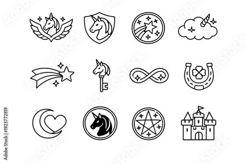 Unicorn Symbols. Line icon set of Unicorn Symbols: purity emblem, fantasy shield, star crest, dream cloud, wish star, magic key, infinity sparkle, luck charm,