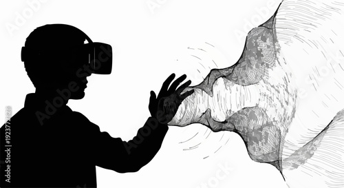 Person wearing VR headset interacts with abstract digital world, reaching out to touch a glowing wave.