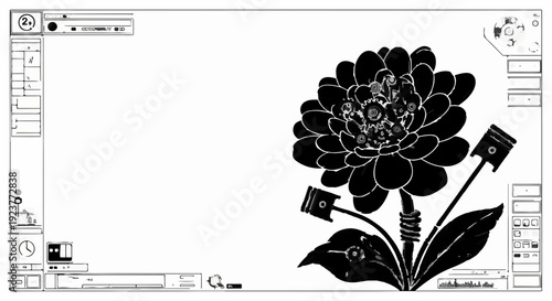 Mechanical flower with pistons symbolizes nature and industry fusion on blueprint