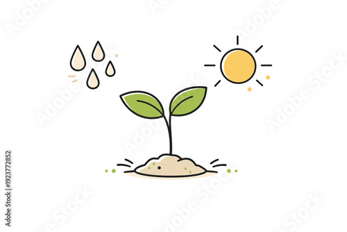 New beginnings symbolic spring art nature balance. A young plant paired with simple symbols like rain drops and sunlight, showing harmony and renewal. The mood