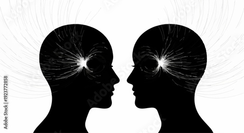 Two silhouetted heads facing each other with glowing connections representing communication and shared ideas.