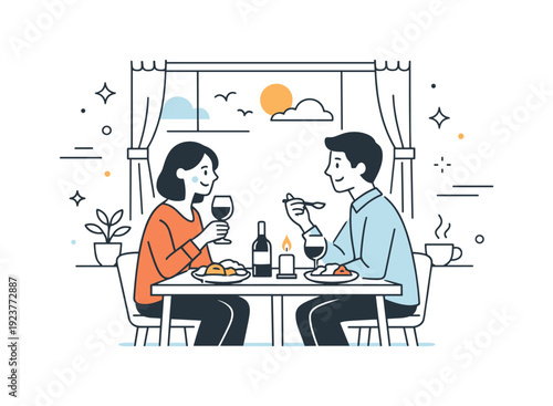 Couple enjoying a romantic candlelit dinner at home with wine and food