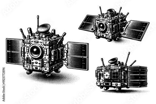 Scientific Satellite Design. Satellite object scientific research satellite with compact modular body, multiple protruding sensors, and folded panel details,