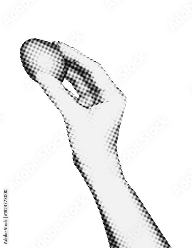 Retro Halftone Hand holding Easter Egg. Vintage Photocopy Dithered Collage Element for Mixed Media Design.