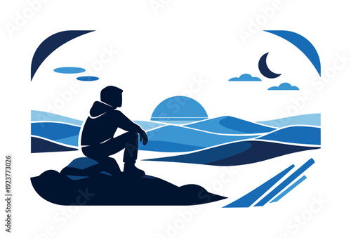 Desert horizon view. Figure silhouetted against a wide desert landscape, layered sand forms