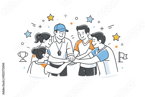 Team huddle with coach. The coach and players form a circle, hands together in the center, celebrating unity and motivation, floating stars and dots enhancing