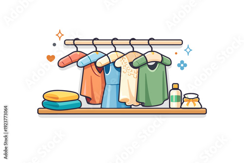 Elegant Closet Organization. Wardrobe organization for sensitive fabrics illustrated by a small closet section with padded hangers and neatly spaced clothes,