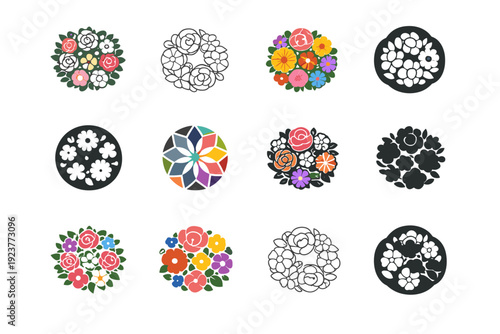 Flower arranging and floral design. Icon set. Set Logo of Flower arranging and floral design: mixed arrangement top view. harmonious logo variations of the