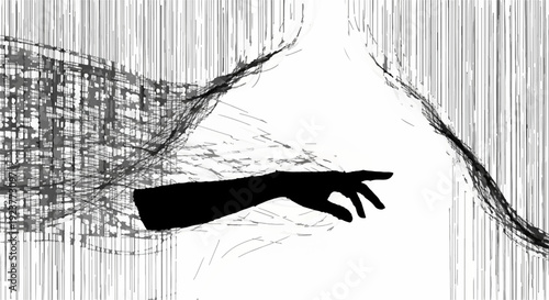 A reaching hand emerges from abstract darkness towards a bright light.