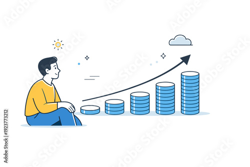 Long-term investing mindset. A person calmly looking at an upward trend line with coins stacked in gradual steps. The scene conveys growth, patience, and