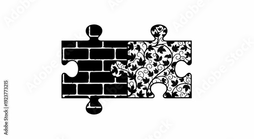Two puzzle pieces connecting, one with a brick pattern, the other with a floral design, symbolizing contrast and unity.