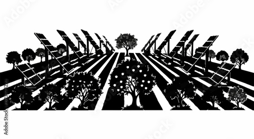 Symmetrical landscape of solar panels and trees creating a harmonious blend of nature and technology.