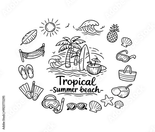 Tropical summer beach. Hand-drawn doodle illustration of Tropical summer beach. In the