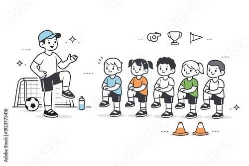 Kids football academy. A group of young children in sports uniforms listening to a trainer and warming up before practice. Calm organization,