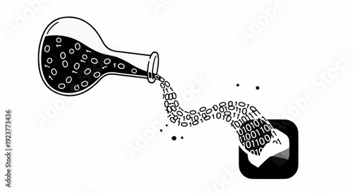 Binary code streams from a laboratory flask into a digital screen, symbolizing data transfer and innovation.