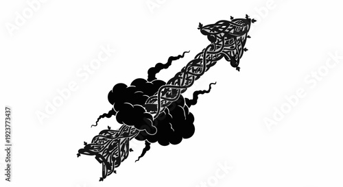 Mysterious, ornate arrow pierces through dark, smoky clouds with intricate Celtic knot design.