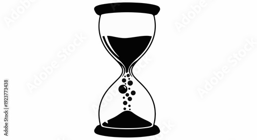 Black sand flows through an hourglass, symbolizing the passage of time and urgency.