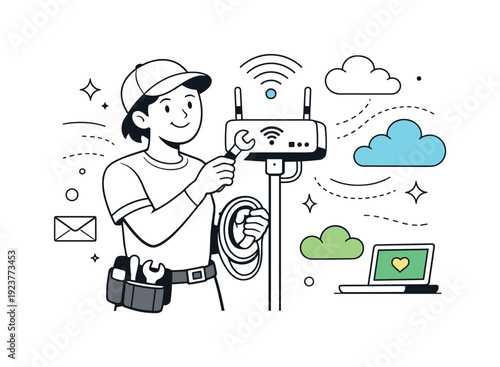 Technician performing network maintenance on a wireless router with tools and cloud icons