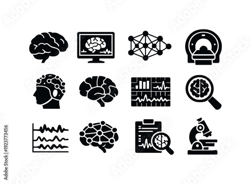 Brain mapping and neuroimaging. Filled icon set of Brain mapping and neuroimaging: human