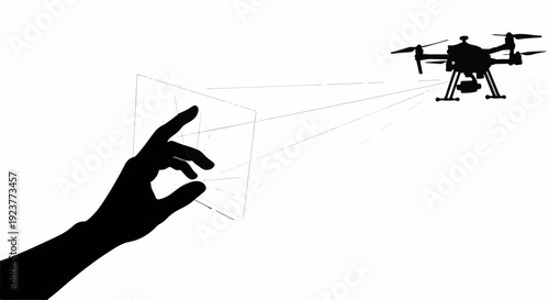 Silhouette of a hand reaching out towards a flying drone, symbolizing control and technology interaction