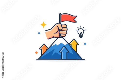 Leadership concept inspiring guidance shown by a hand holding a small flag on a peak, communicating motivation, vision, and collective