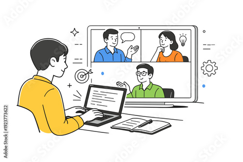 Note-taking during strategy calls. Strategic discussion on a video call with one person typing notes on a laptop, others speaking thoughtfully. Productive