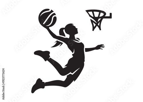 women's basketball dunking logo silhouette vector, basketball logo silhouette vector illustration, sport basketball logo vector, basketball player dunking logo vector silhouette on white background 
