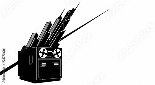 Futuristic audio recorder with geometric sound waves emanating upwards on a white background.